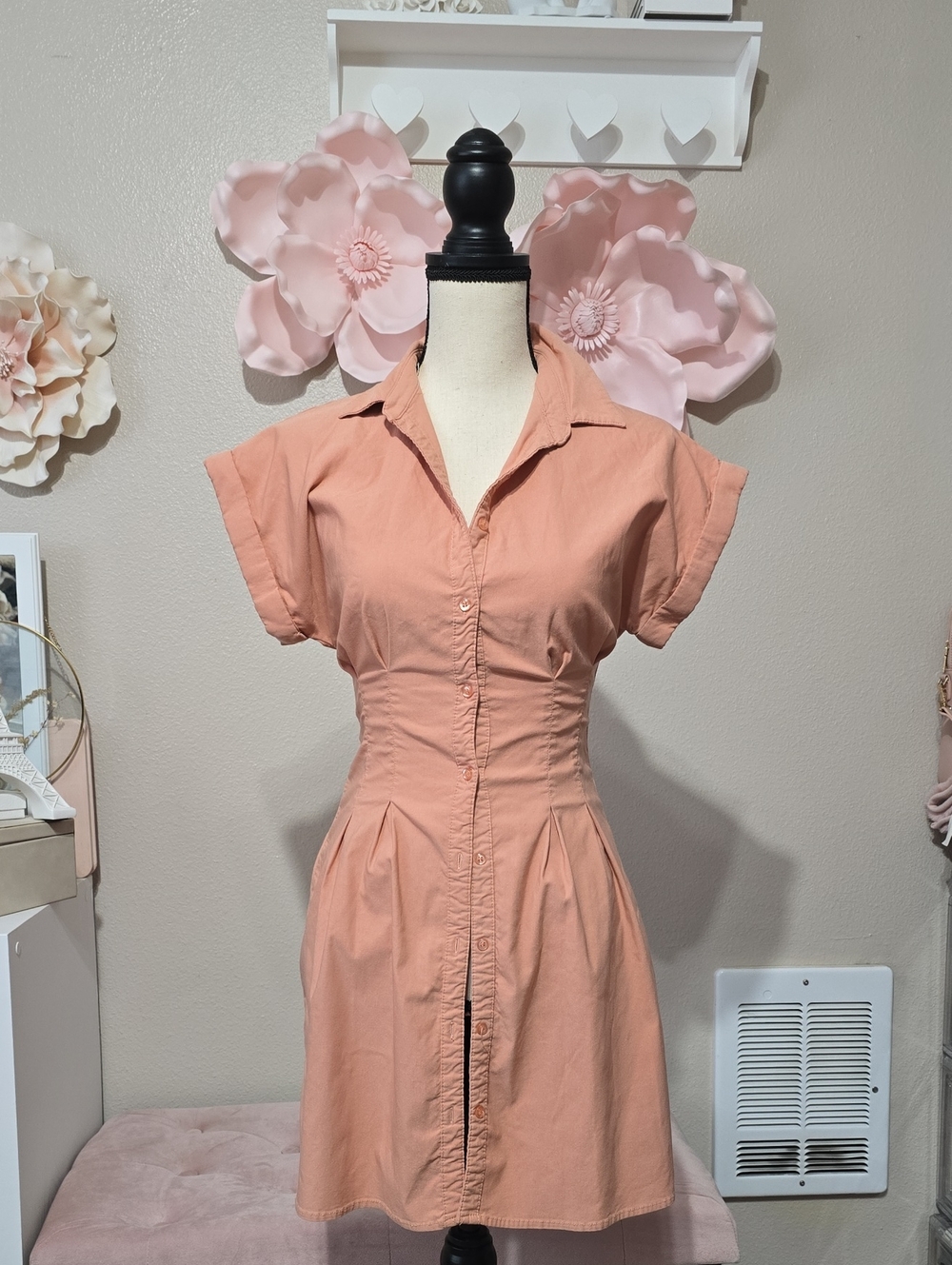 Love Tree Peach Button-Front Short Sleeve Mini Dress